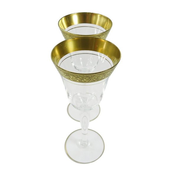 Vintage TWO (2) Tiffin? Minton? Gold Encrusted Band Clear Smooth 6.75" Glasses - Picture 10 of 15